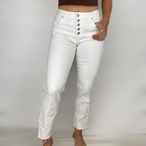 GREENE ST. DENIM‎ High Rise Straight Leg Button Fly Raw Hem in Optic White Boho